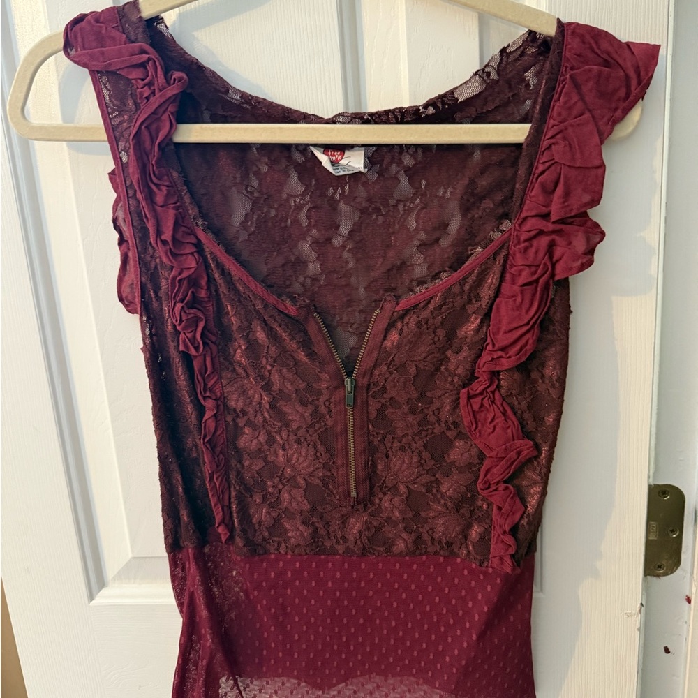Free People Burgundy Lace Dress with Ruffle Details